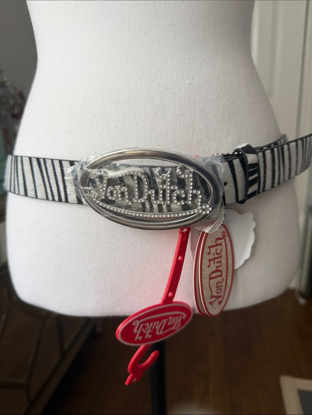 Von Dutch Black & White Zebra Print Belt with Silver Oval Logo Buckle Medium